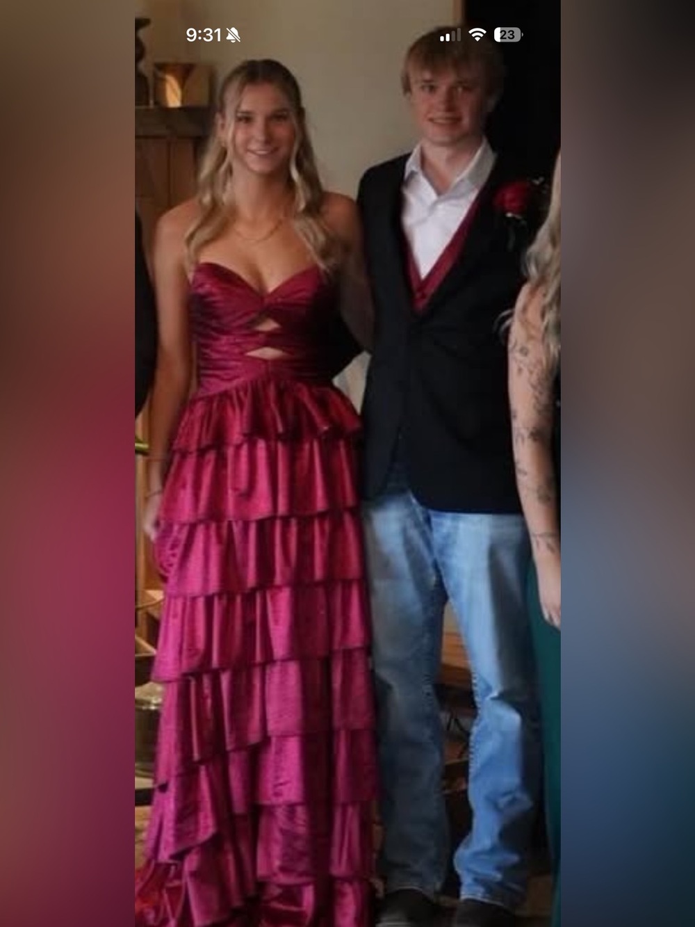 Red Strapless Ruffled Prom Dress
